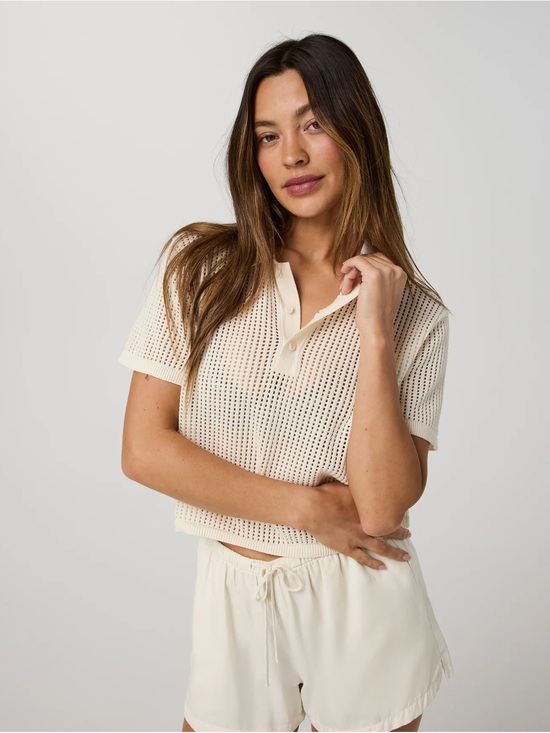 Vuori Tops - Vuori Organic Cotton Short Sleeve Knitted Mesh Polo in Natural Size Small